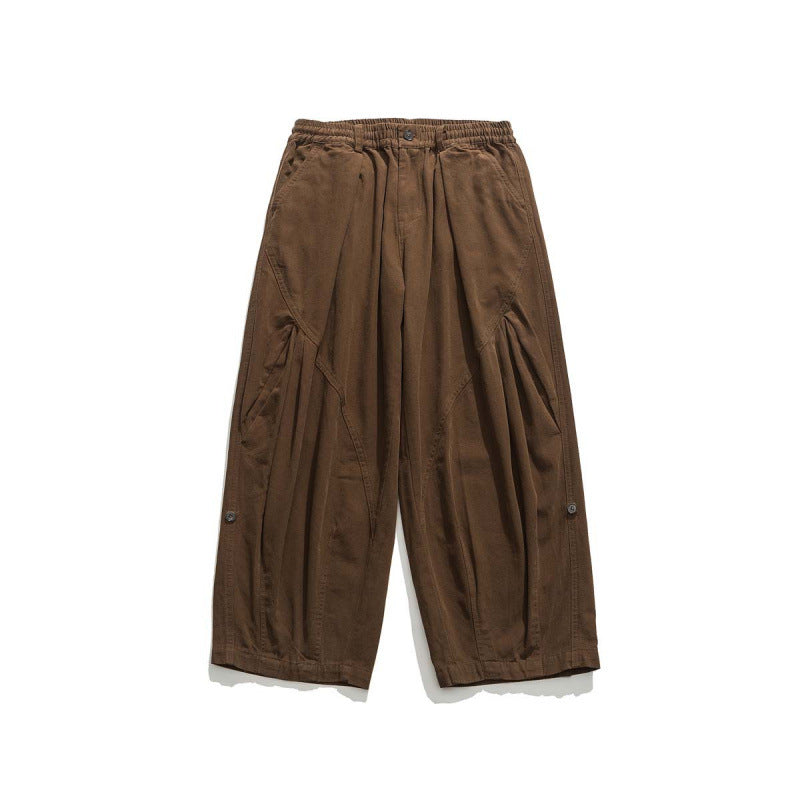 Men's Wide Cropped Canvas Pants in Utility Look with Elastic Waistband and Distinctive Pleats Mune Fashion