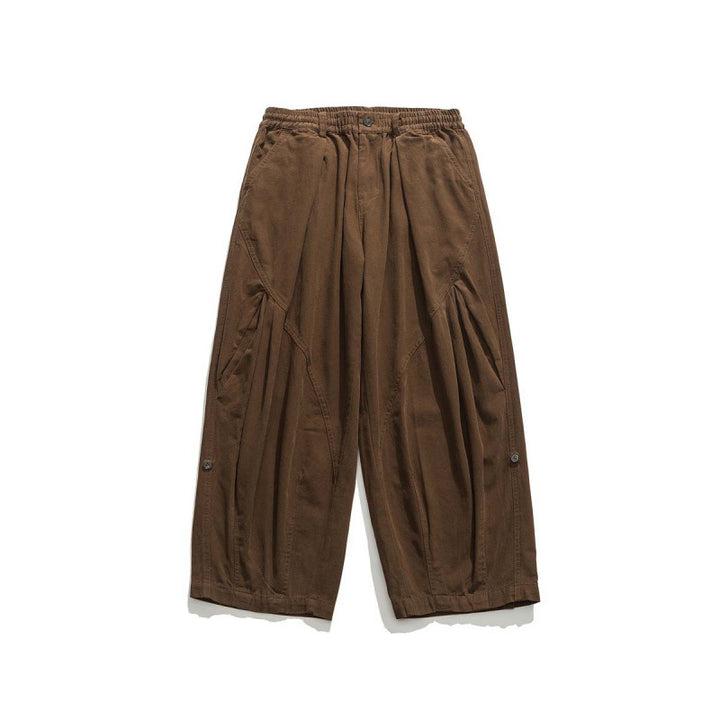 Men's Wide Cropped Canvas Pants in Utility Look with Elastic Waistband and Distinctive Pleats Mune Fashion