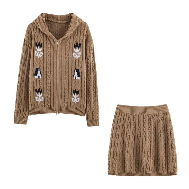Women's Two-Piece Knit Set with Zipper Hoodie and Short Cable Knit Skirt Mune Fashion