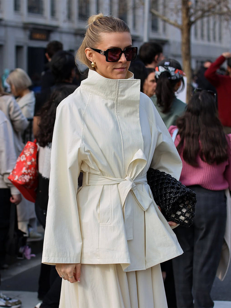 Women's Boxy Short Coat with High Stand Collar and Tied Belt Mune Fashion