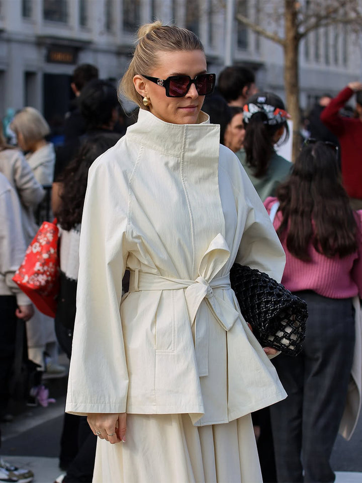 Women's Boxy Short Coat with High Stand Collar and Tied Belt Mune Fashion