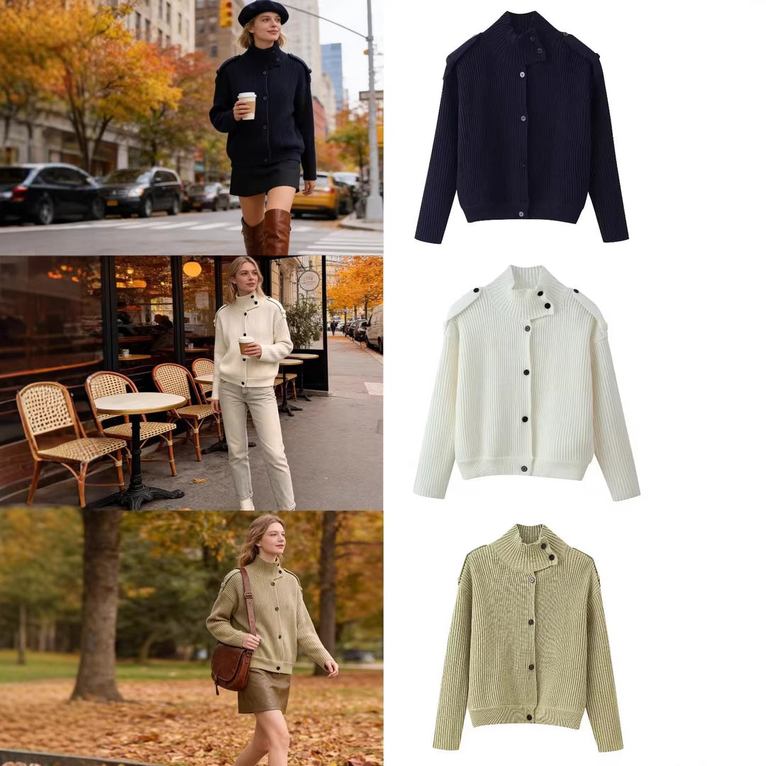 Women’s structured knit cardigan with stand-up collar, button placket and shoulder patches Mune Fashion