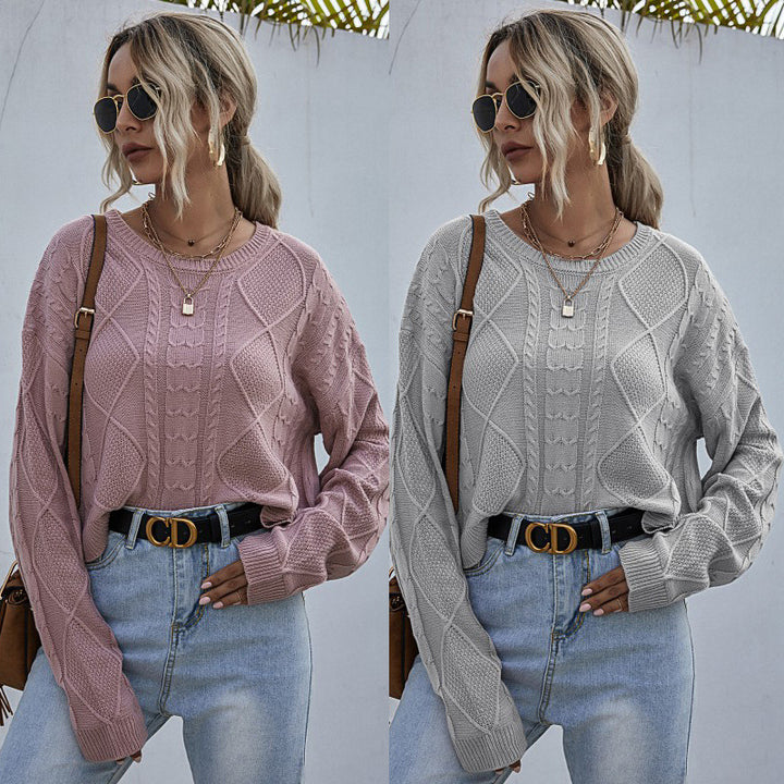 Women Casual Oversized Knit Sweater with Geometric Cable Pattern and Deep Sleeve Cuffs Mune Fashion