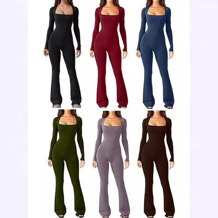 Women's form-fitting long-sleeve jumpsuit with square neckline and flared pants Mune Fashion
