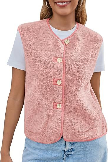 Women's Teddy Fleece Vest with Round Neckline and Button Closure Mune Fashion