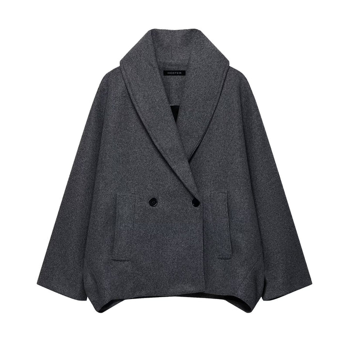 Women Boxy Wool Blend Cape Coat with Wide Shawl Collar and Double Button Placket Mune Fashion