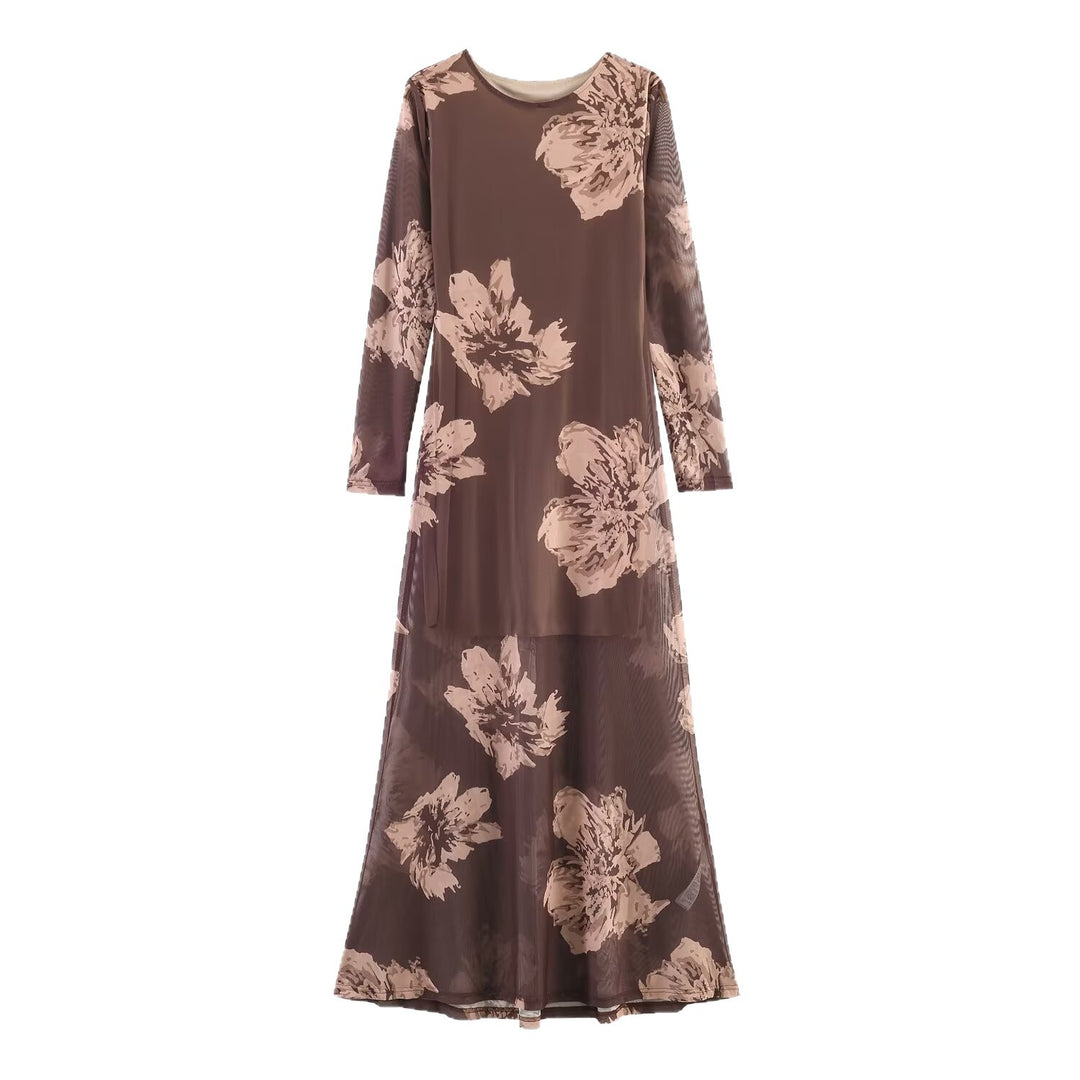 Women’s maxi dress with semi-transparent mesh overlay, long sleeves, and flared A-line Mune Fashion