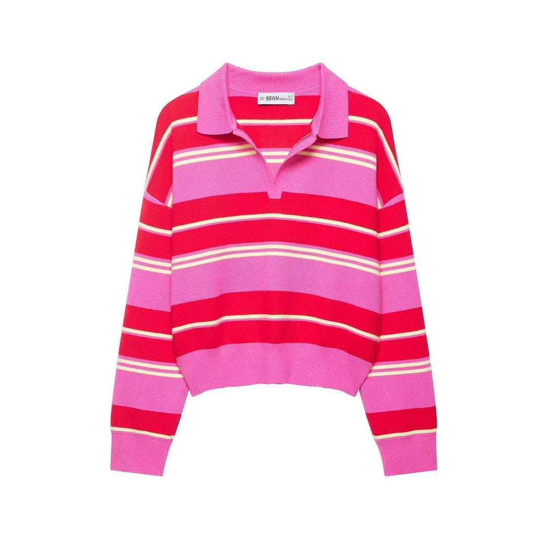 Women striped rugby knit sweater with polo collar and loose oversized fit Mune Fashion