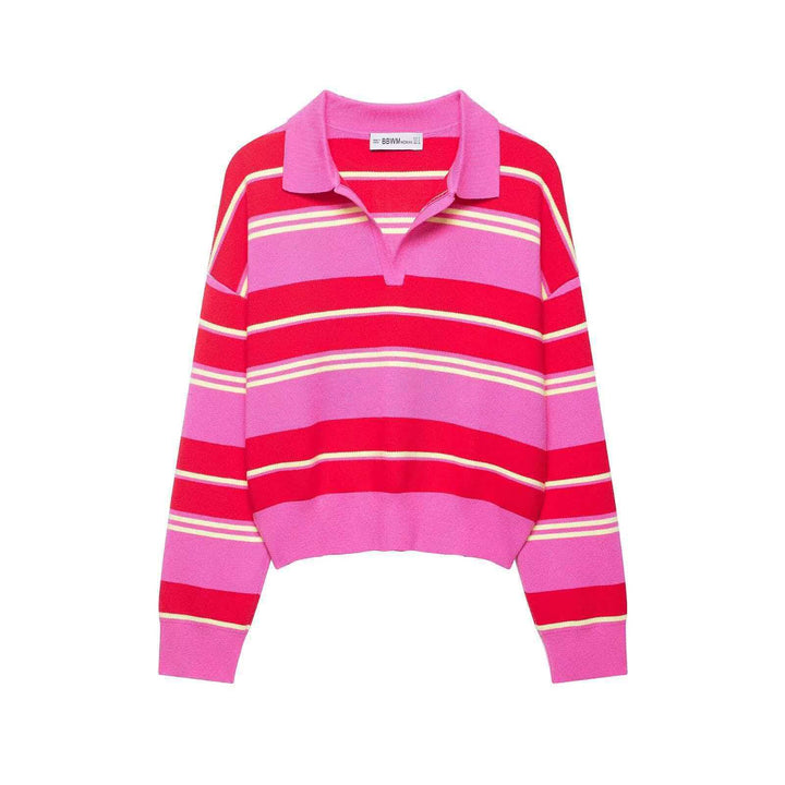 Women striped rugby knit sweater with polo collar and loose oversized fit Mune Fashion