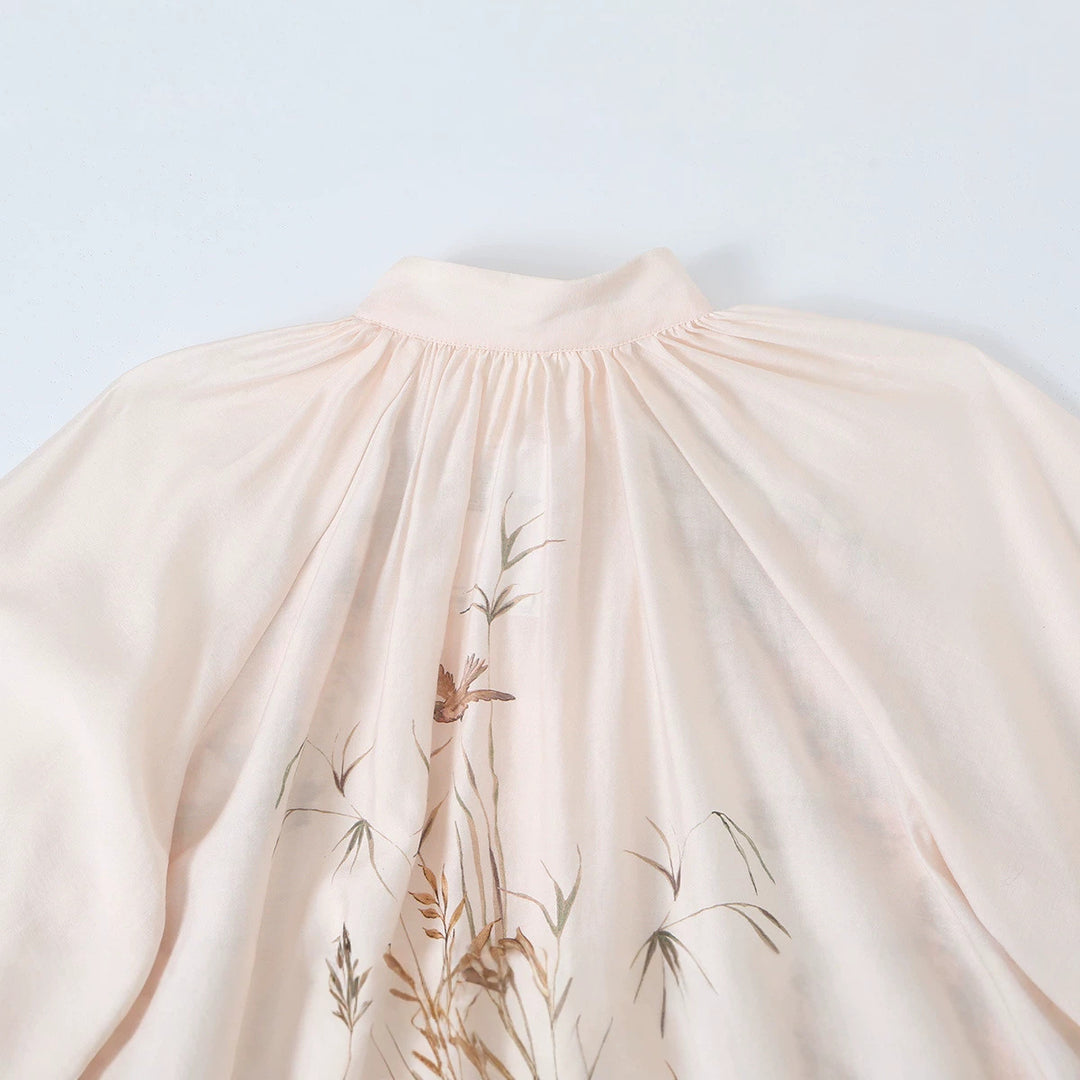 Women's blouse with stand-up collar, continuous button placket and wide balloon sleeves Mune Fashion