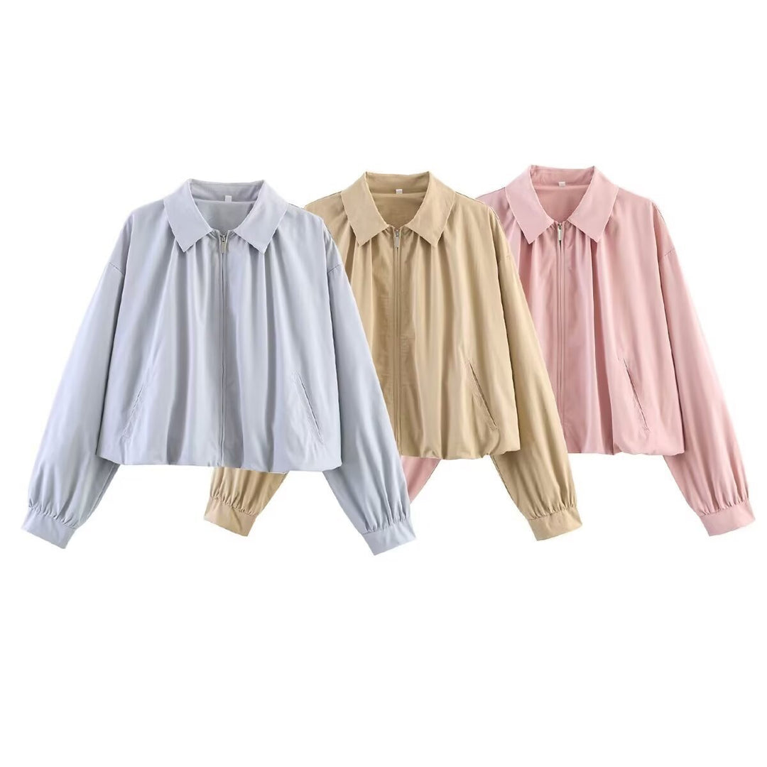 Women's cropped blouse with shirt collar, front zipper and gathered sleeve cuffs Mune Fashion