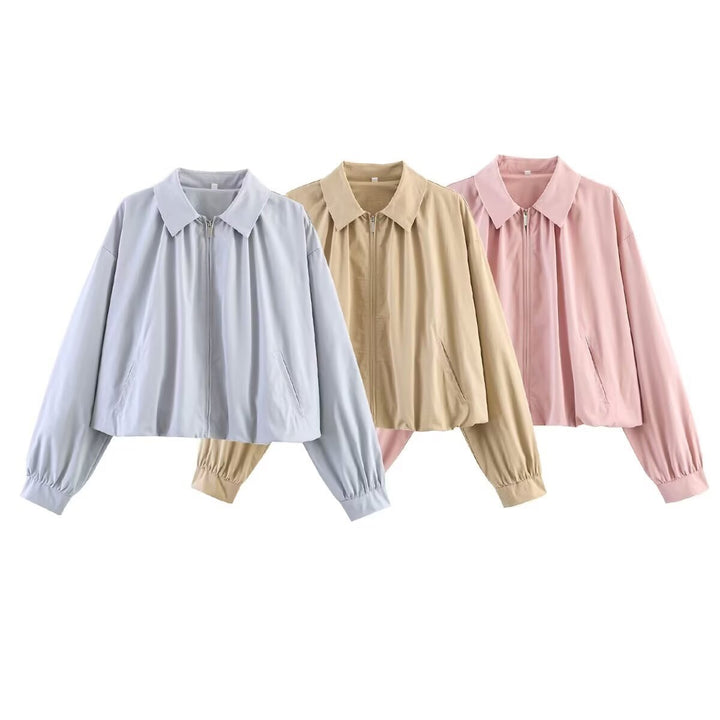 Women's cropped blouse with shirt collar, front zipper and gathered sleeve cuffs Mune Fashion