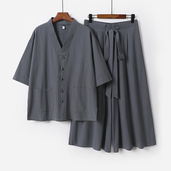 Women Two-Piece Kimono Lounge Set with Short Sleeve Button Jacket, Patch Pockets and Wide Palazzo Pants Mune Fashion