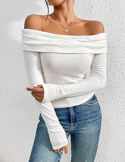 Women's Figure-hugging Off-shoulder Long Sleeve Fine Knit Shirt with Bardot Neckline