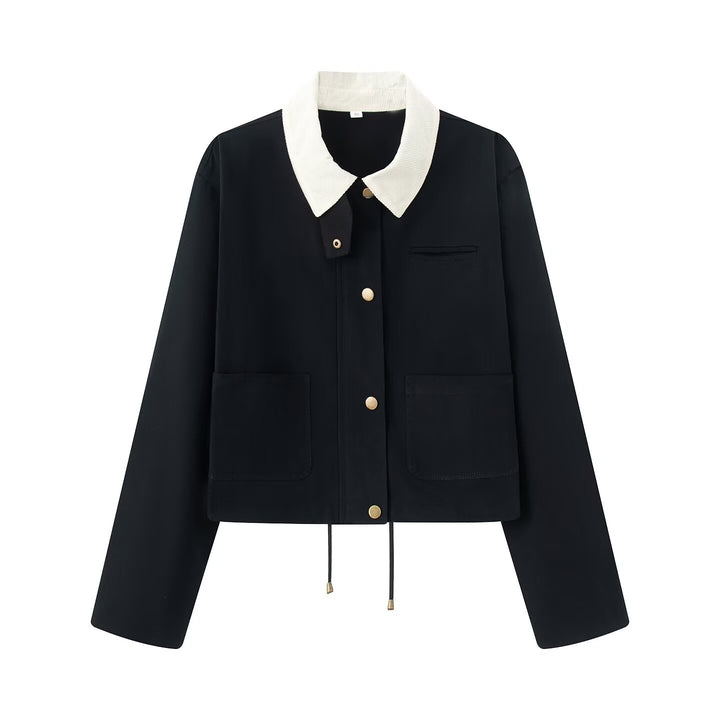 Women Cropped Field Jacket with Cord Collar, Snap Placket and Drawstring Mune Fashion