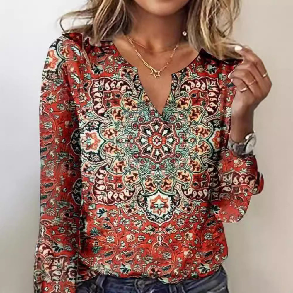 Women's Long Sleeve Blouse with Ornamental Mandala Print and V-Neck