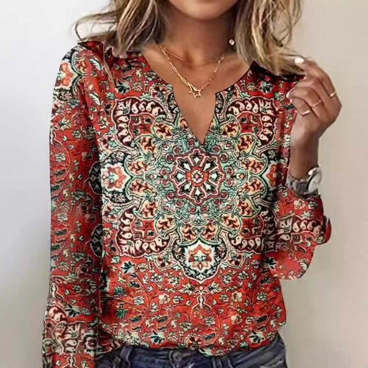 Women's Long Sleeve Blouse with Ornamental Mandala Print and V-Neck