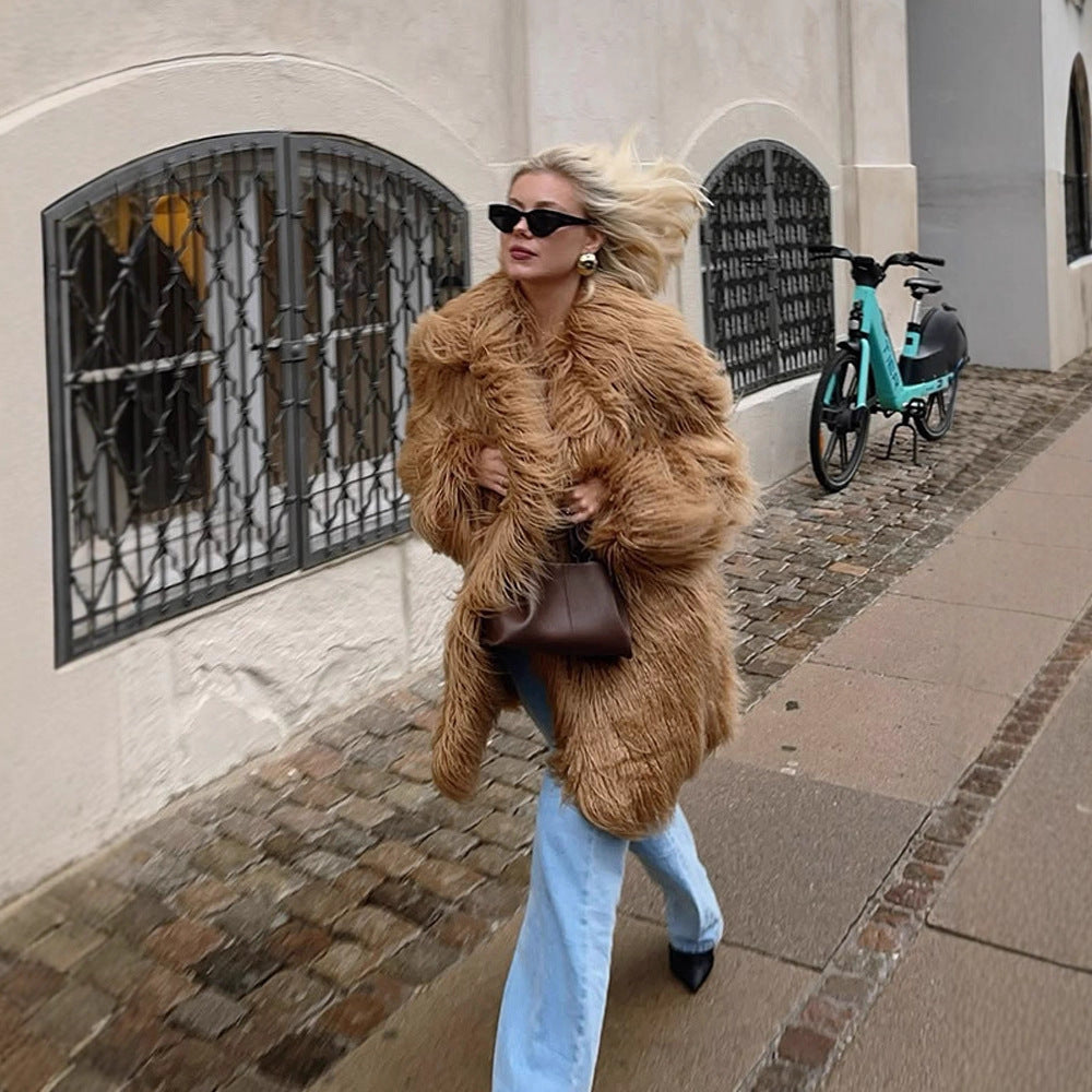 Women's Oversized Shaggy Faux Fur Coat with Long Pile Texture and Concealed Button Placket Mune Fashion