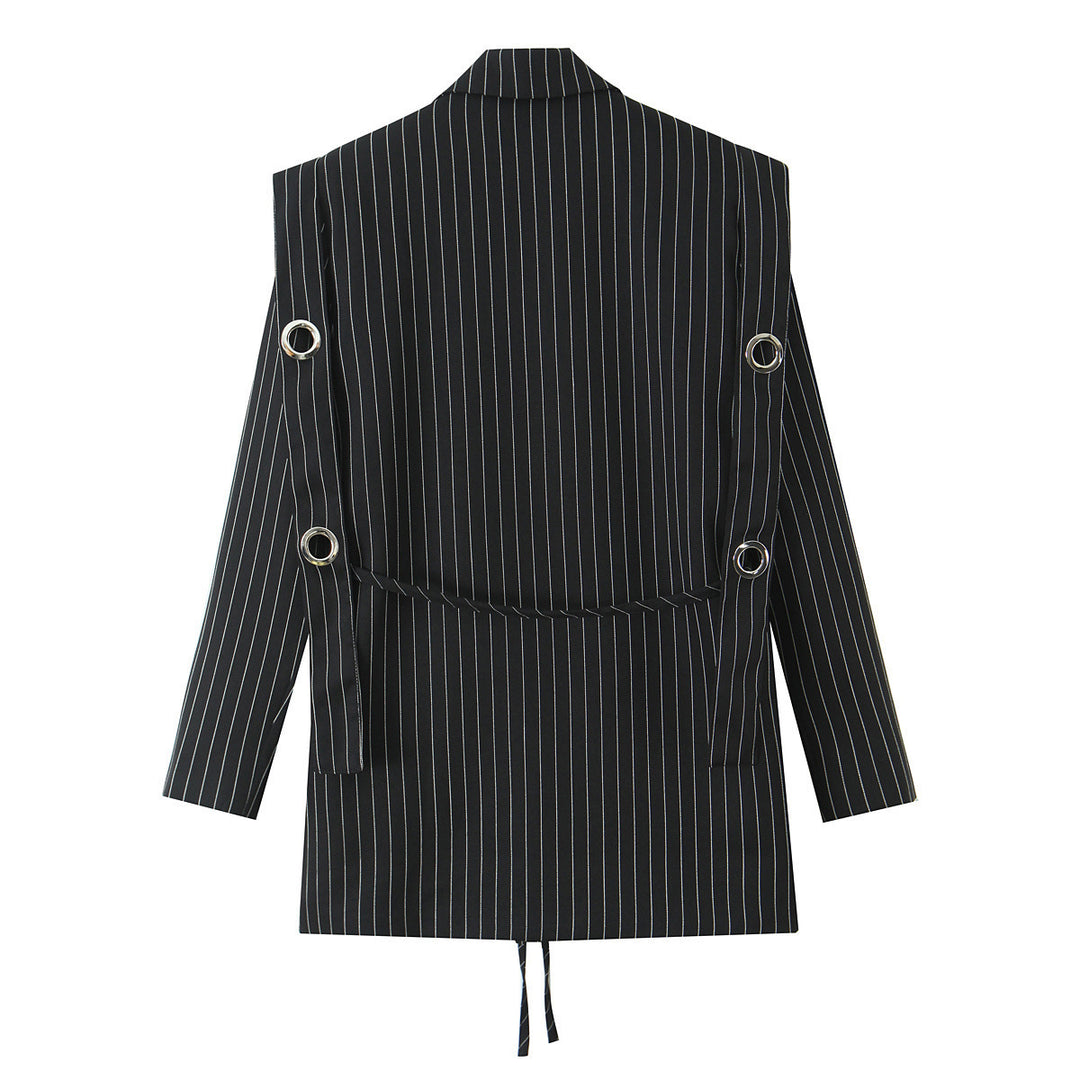 Women pinstripe blazer with eyelet application and drawstring Mune Fashion