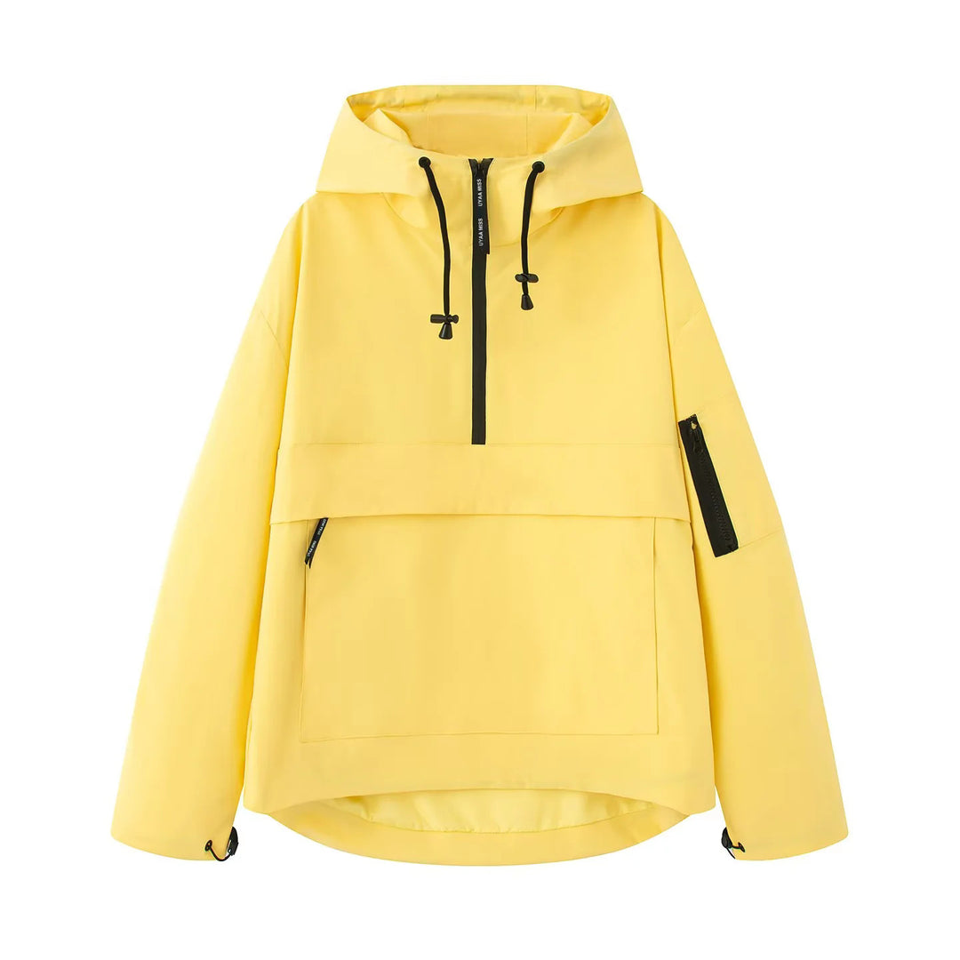 Women's windproof anorak pullover jacket with hood, half zipper, and large kangaroo pocket Mune Fashion