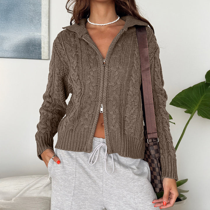 Women's shortened cable knit cardigan with full zip and stand-up collar Mune Fashion
