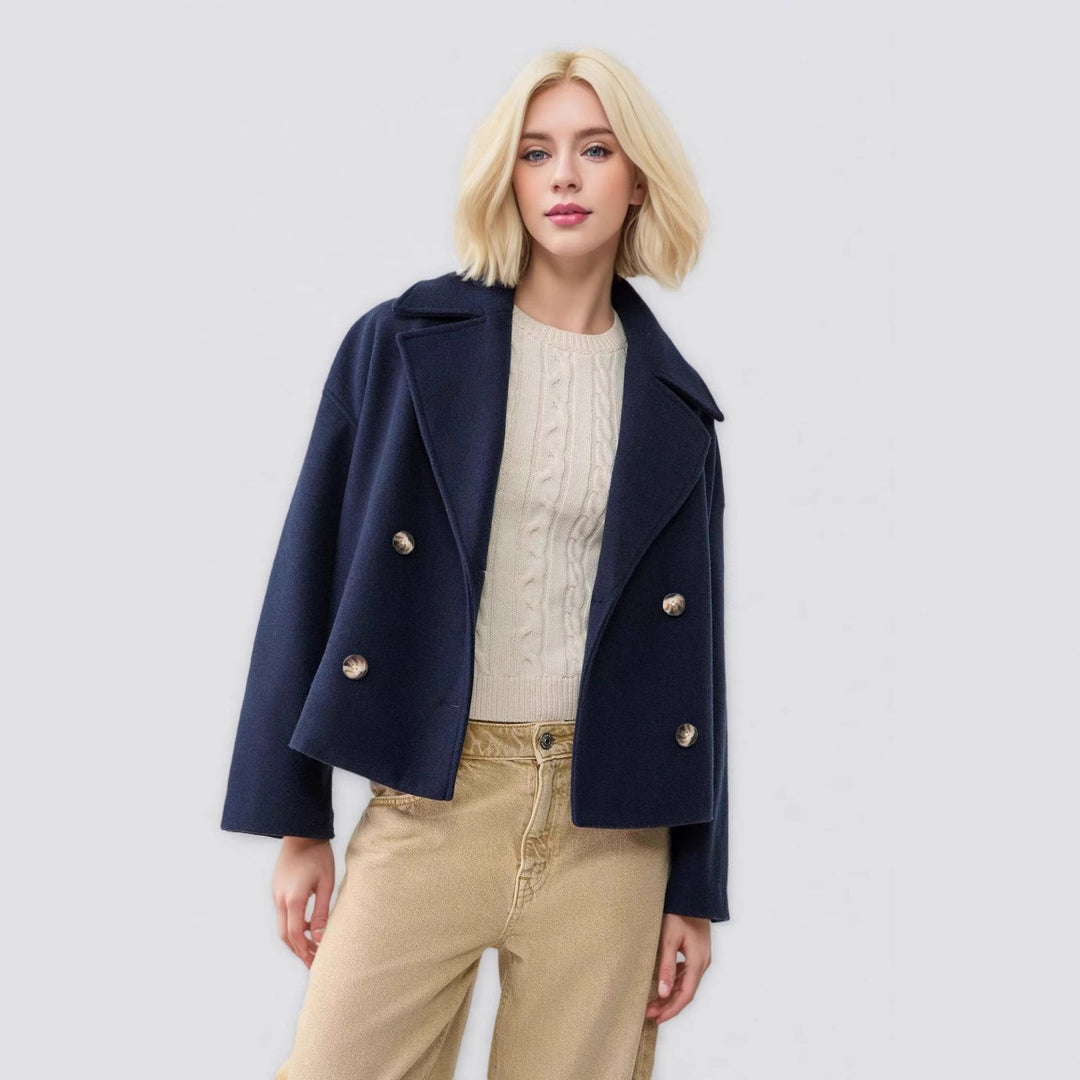 Women's Short Double-Breasted Wool Blend Coat with Oversized Lapels Mune Fashion
