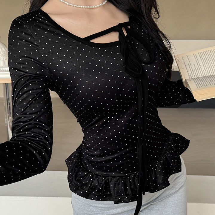 Women's fitted long sleeve with frill hem, drawstring and fine polka dot pattern Mune Fashion
