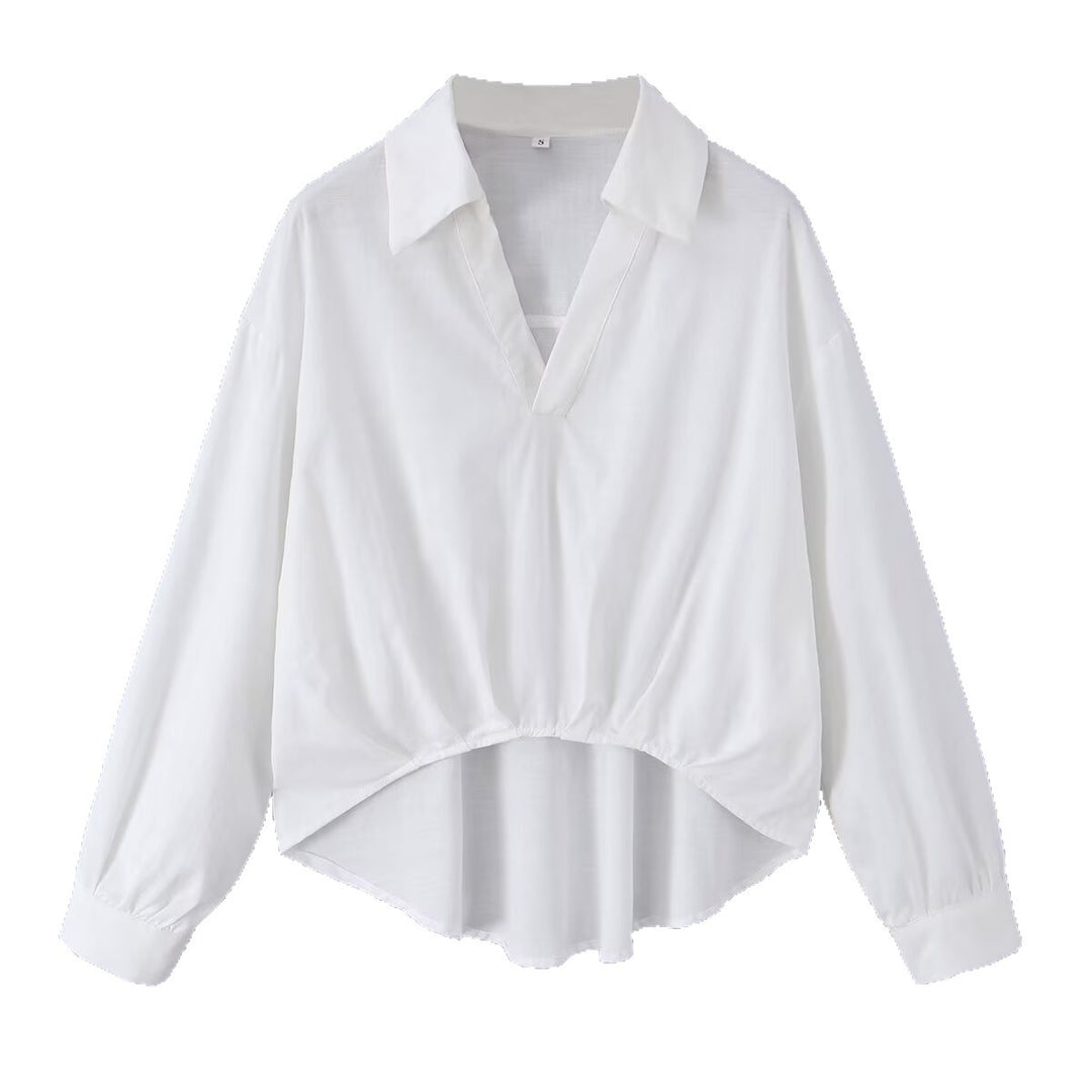 Women's loose blouse with V-neck, shirt collar, and gathered high-low hem Mune Fashion