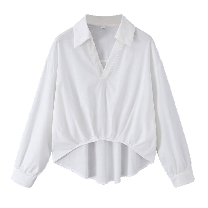 Women's loose blouse with V-neck, shirt collar, and gathered high-low hem Mune Fashion