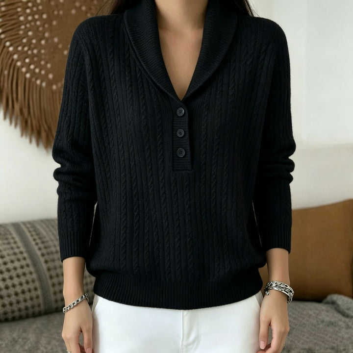 Women's knitted sweater with shawl collar, cable pattern, and button placket Mune Fashion