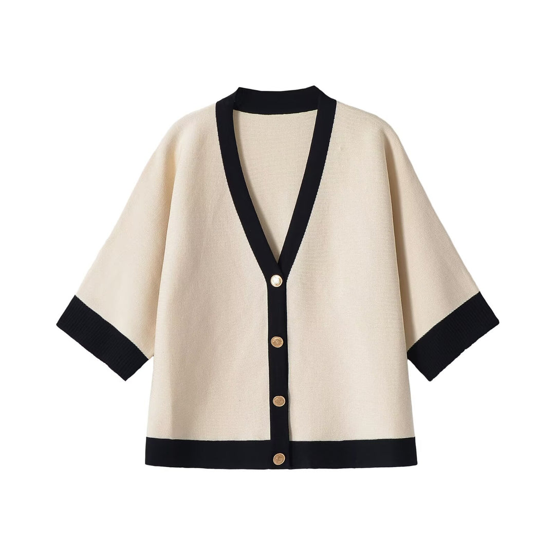 Women Short-Sleeved Knit Poncho Cardigan with Contrast Trim and Decorative Gold Buttons Mune Fashion