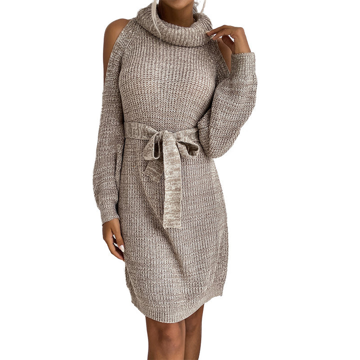 Women's knitted tunic dress with roll neck, cut-out shoulders, and tie belt Mune Fashion