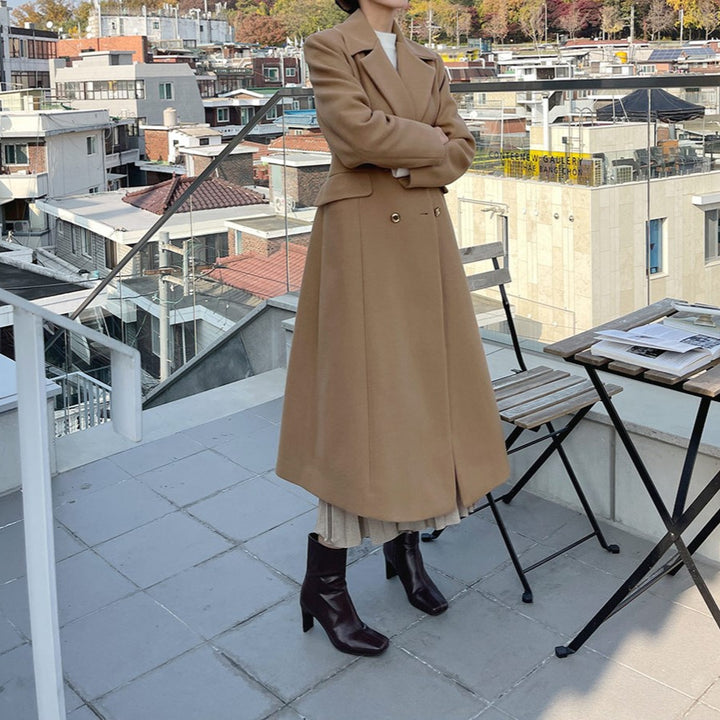 Women's Mid-length tailored A-line wool blend coat with flared skirt and golden decorative buttons Mune Fashion
