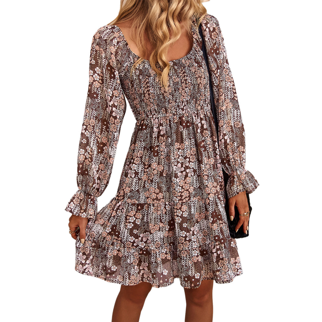 Women's Carmen Ruffle Dress with Smocked Top, Long Balloon Sleeves, Tiered Skirt, and Side Pockets Mune Fashion