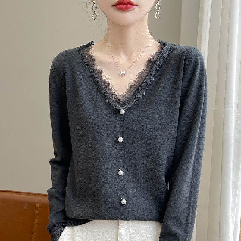 Women's Delicate V-Neck Fine Knit Cardigan with Floral Lace Edge and Bead Decoration Mune Fashion