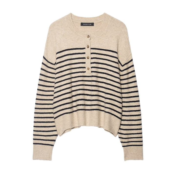 Women's Striped Fine Knit Henley Sweater with Dropped Shoulder and Ribbed Hem Mune Fashion