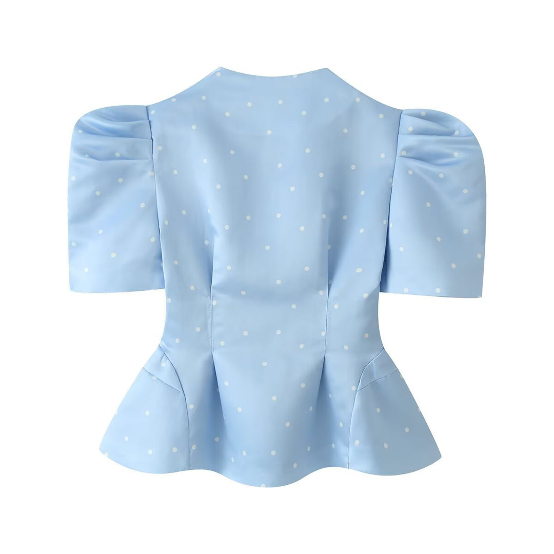 Women Tailored Satin Blouse with Puff Sleeves, Stand Collar and Polka Dot Print Mune Fashion