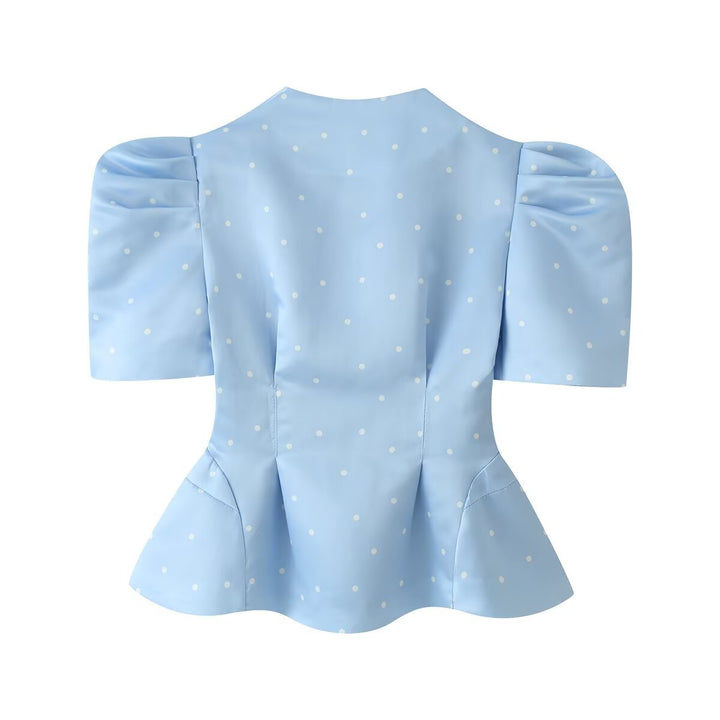 Women Tailored Satin Blouse with Puff Sleeves, Stand Collar and Polka Dot Print Mune Fashion