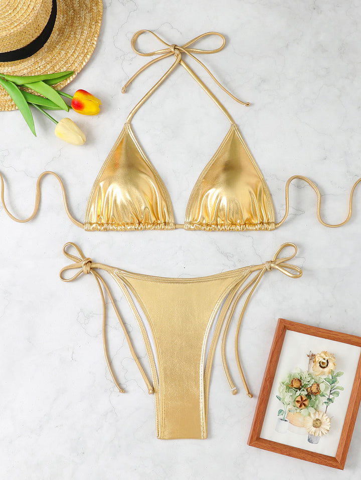 Women's triangle bikini with elegant metallic surface and adjustable tie bands Mune Fashion