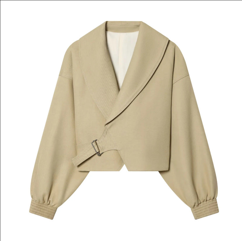 Women's short jacket with wide sailor collar, balloon sleeves, and asymmetrical buckle closure Mune Fashion