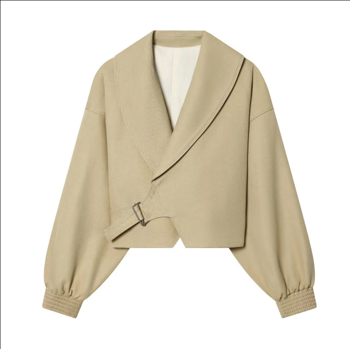 Women's short jacket with wide sailor collar, balloon sleeves, and asymmetrical buckle closure Mune Fashion