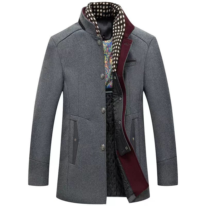 Men's Mid-length Wool Blend Coat with Stand Collar, Quilted Thermal Lining and Contrast Trim Mune Fashion