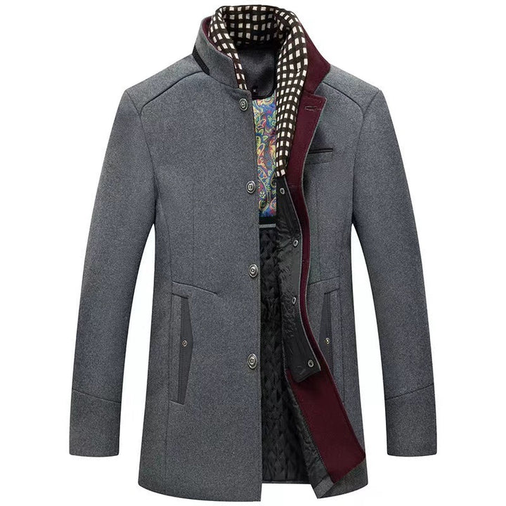 Men's Mid-length Wool Blend Coat with Stand Collar, Quilted Thermal Lining and Contrast Trim Mune Fashion