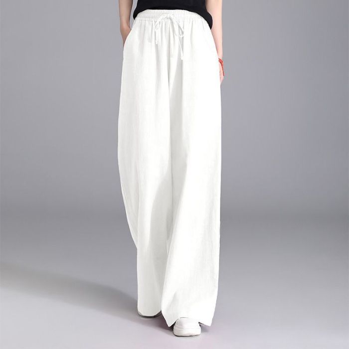 Women's wide Palazzo linen pants with elastic drawstring waistband and side pockets Mune Fashion