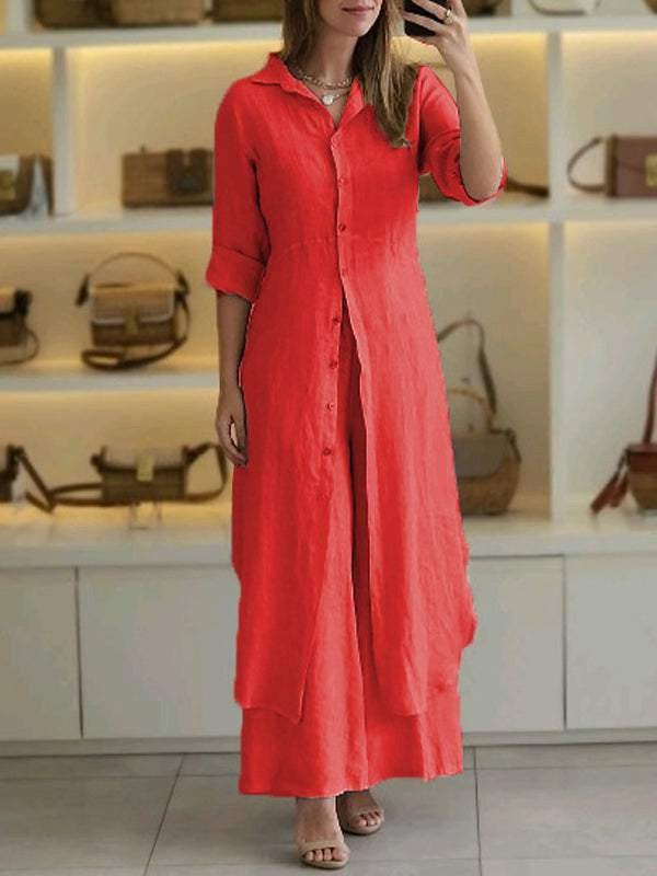 Women's long linen shirt dress with continuous button placket, shirt collar, and subtle A-line cut Mune Fashion