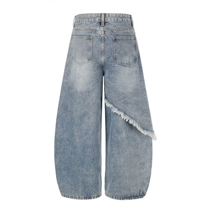 Women's high-waist wide palazzo jeans with asymmetric fringe detail and rhinestone application Mune Fashion