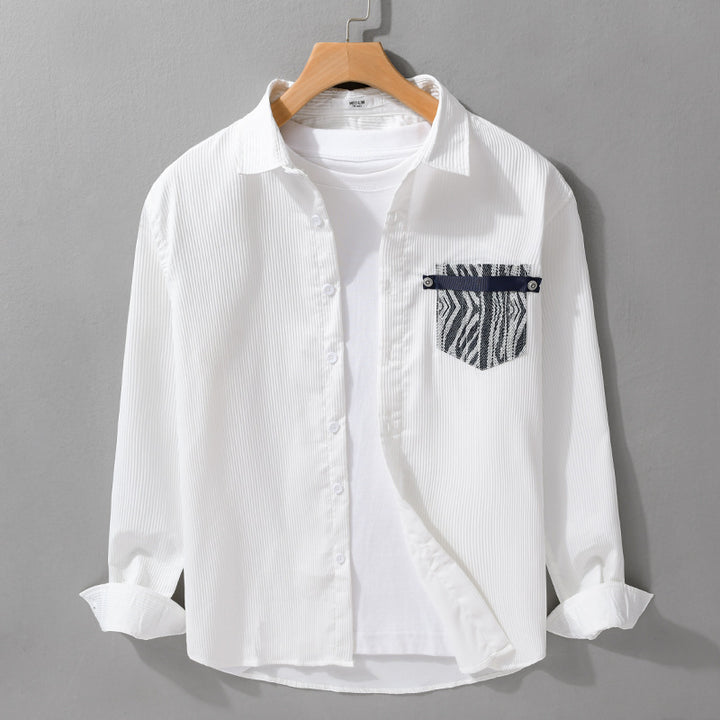 Men's Light Long Sleeve Shirt in Layering Look with finely textured weave and patterned chest pocket Mune Fashion
