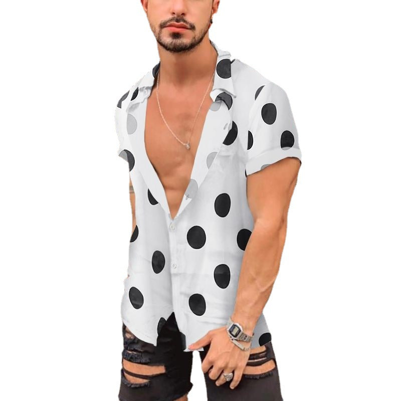 Men's short-sleeved shirt with large polka dot print, deep lapel collar and open button placket Mune Fashion