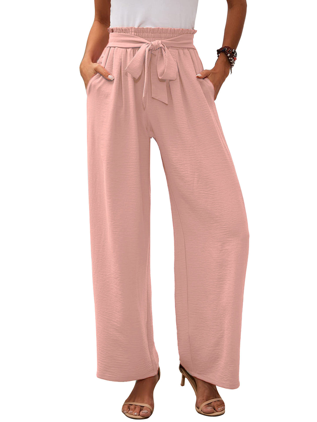 Women's paperbag pants with wide leg, elastic waist and tie belt Mune Fashion
