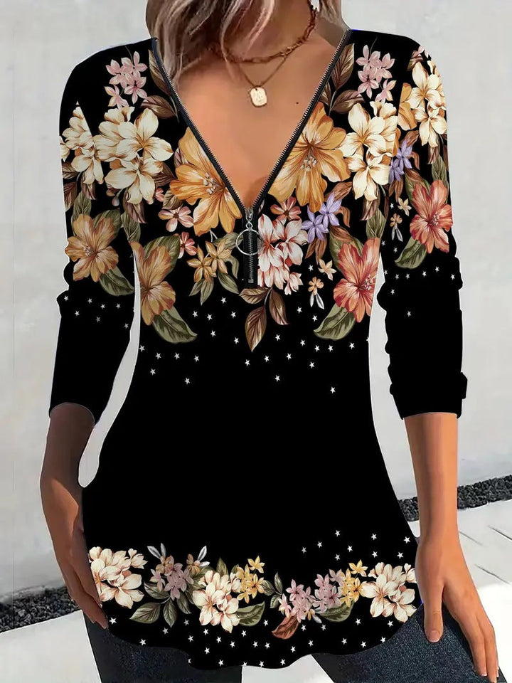 Women's Long Sleeve Shirt with Zipper and Floral Pattern Mune